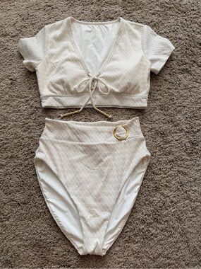 Trina Turk Glimmer Lace Up Swim Tee High Waisted Bikini Cream Gold Size 6